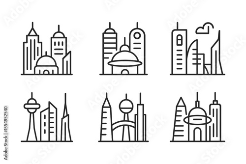 Futuristic city skylines outline illustrations depicting urban architecture exploration, vector illustration