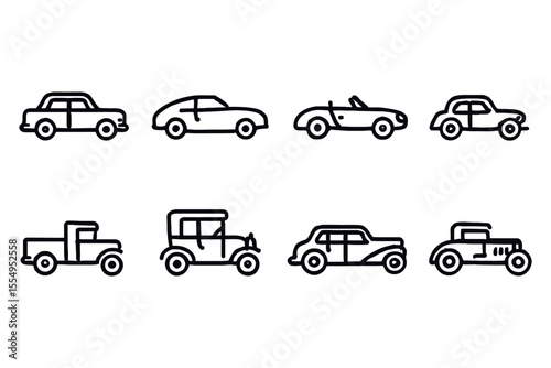 Vintage and classic car collection - outline illustrations of iconic cars, vector illustration