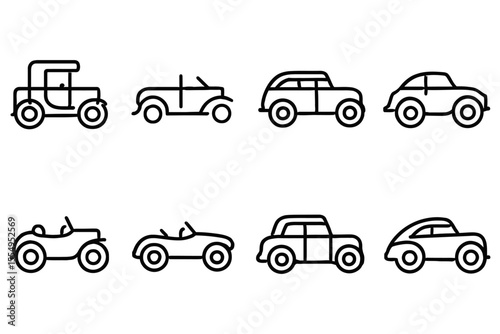 Evolution of car design displayed in simple line art, vector illustration