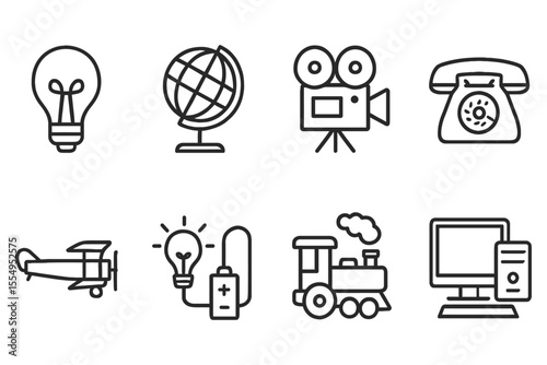 Vintage communication and transportation icons for retro-themed design, vector illustration