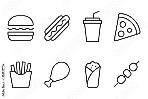 Fast food icons collection featuring burger, hot dog, pizza slice, and more, vector illustration