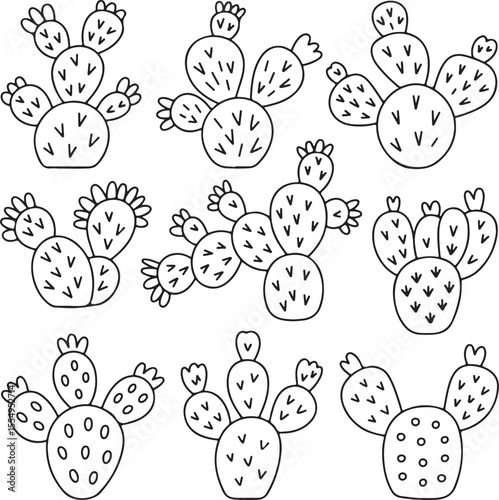 Prickly Pear Cactus Doodle Set with Hand-Drawn Pads Fruits and Sketch Lines
