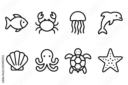 Minimalist sea life icons featuring fish, crab, jellyfish, dolphin, seashell, octopus, turtle, and starfish, vector illustration