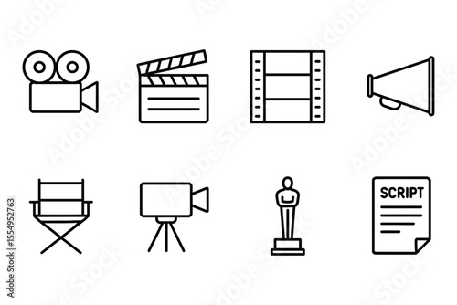 Cinematic elements icons set featuring camera, clapboard, filmstrip, and award, vector illustration