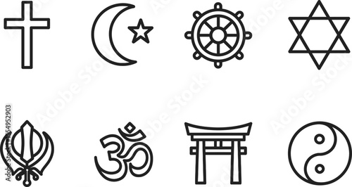Diverse religious symbols collection depicting global faiths and beliefs, vector illustration
