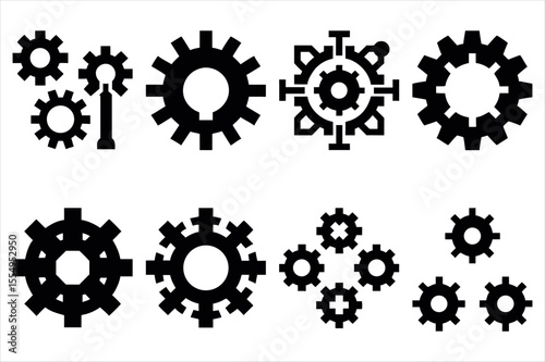 Collection of Intricate Black Gears and Cogs Depicting Mechanical Engineering and Industrial Processes on a White Background