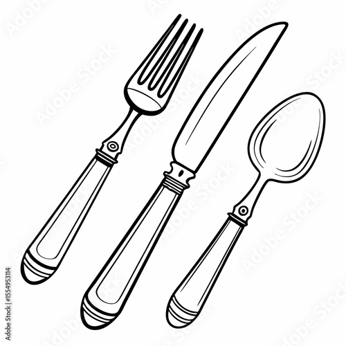 Cutlery Icon Set – Fork, Spoon, Knife Outline Vector Illustration for Menus & Logos