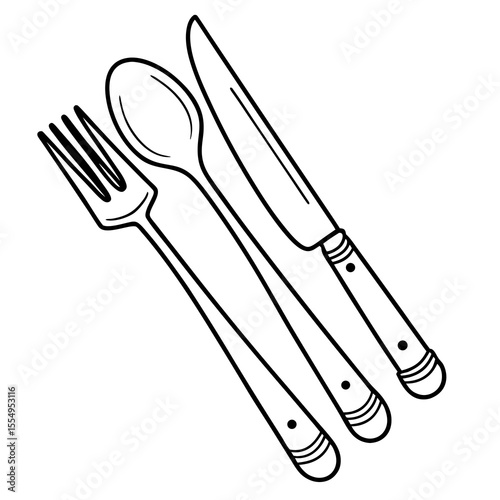 Cutlery Icon Set – Fork, Spoon, Knife Outline Vector Illustration for Menus & Logos
