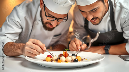 Fototapeta Naklejka Na Ścianę i Meble -  Two professional chefs meticulously plate a gourmet dessert with precision and artistic flair.