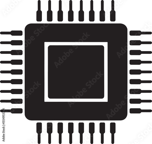 Black silhouette of a computer microchip with many pins on a white background