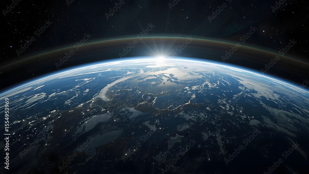 Fototapeta premium Earth's Dawn: An awe-inspiring view from space, capturing the moment the sun's first light graces our planet's surface, set against the vast canvas of the cosmos.
