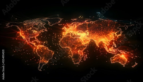 Glowing World Map with Digital Connections and Bright Light Effects