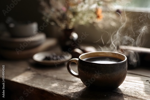 Morning Ritual: Steaming Coffee and Rustic Still Life Warmth

