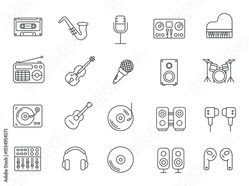 Music and Audio outline icons set on white background, Instruments, Headphones, Speakers, and Sound Equipment for Digital and Graphic Design