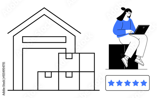 Woman working on a laptop beside a warehouse with stacked boxes and a 5-star rating. Ideal for e-commerce, logistics, business, customer service, online retail, entrepreneurship, productivity