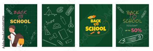 A set of vector illustrations Back to school.Hello school.Illustration templates can be used for stickers, postcards, banners, posters.