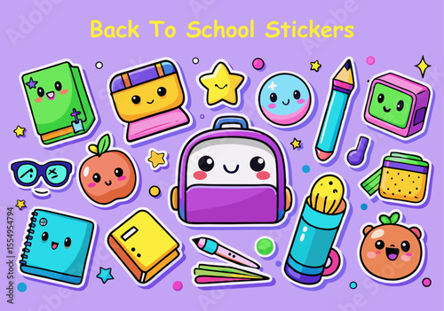 Cute Back to School Stickers with Smiling Faces on a Purple Background