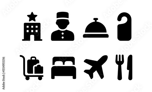Hospitality icons set: hotel, bellhop, luggage, airplane, dining, bell, doorknob hanger