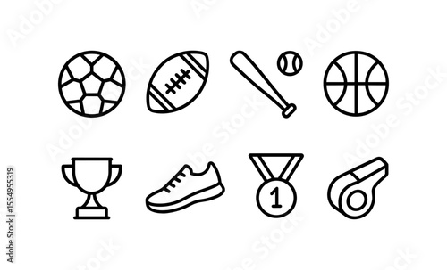 Set of iconic sports equipment and award symbols in simple black outline design