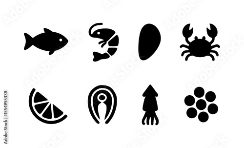 Silhouette icons of seafood: fish, shrimp, mussel, crab, lemon, oyster, squid, caviar