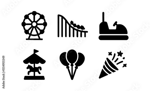 Amusement park icons: ferris wheel, roller coaster, bumper car, carousel, balloons, and confetti