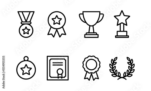 Line art icons of medals, trophies, and awards for achievements and celebrations