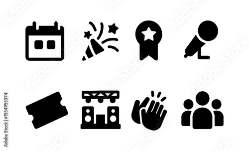 Icons depicting event themes: calendar, party, badge, microphone, ticket, stage, applause, crowd