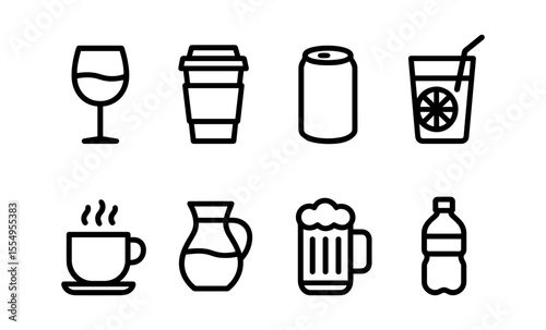 Set of eight simple beverage icons including coffee, beer, and juice in black line design