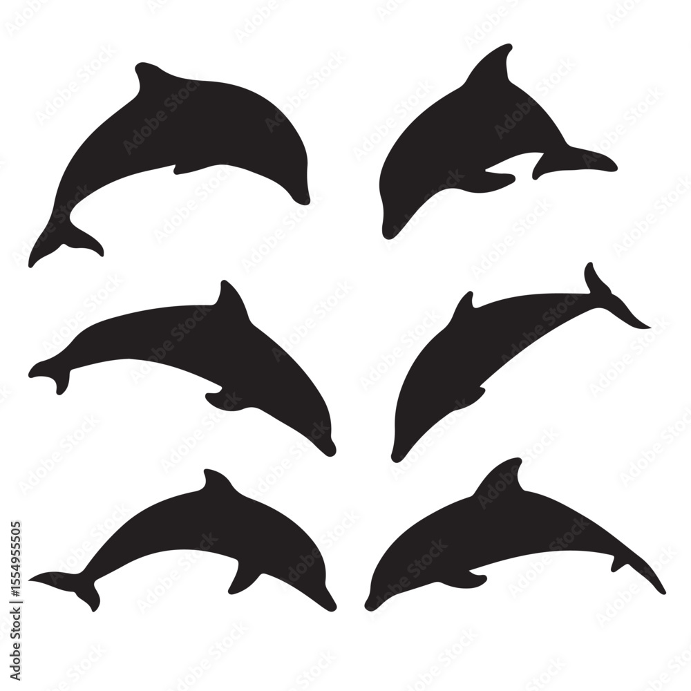 Fototapeta premium Collection of playful blue dolphins in various poses isolated on transparent background isolated on white background