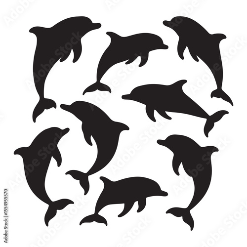 Collection of playful blue dolphins in various poses isolated on transparent background isolated on white background
