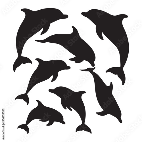 Collection of playful blue dolphins in various poses isolated on transparent background isolated on white background