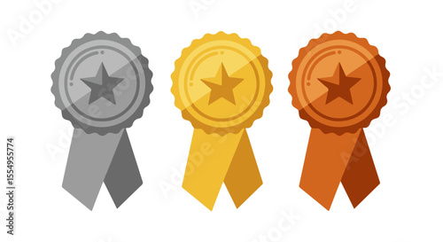 Gold, Silver, and Bronze Star Award Ribbons Set. The ribbons hang below the circular rosettes, symbolizing first, second, and third place achievements