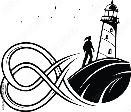 Vector illustration of a vintage lighthouse on a beach at night with artistic sketch and grunge design style