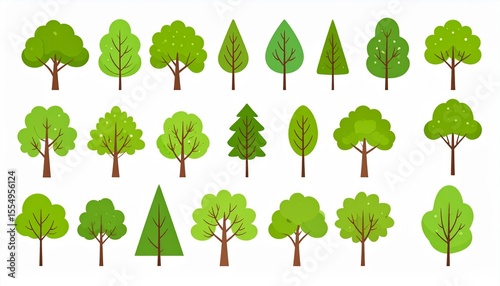 set of green trees on white 