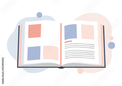 Open textbook with lined pages and colored sections on dark background, minimalist style, copy space, concept image