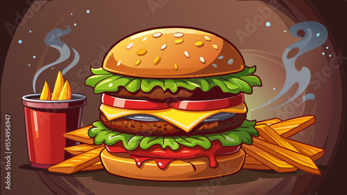Two juicy beef patties stacked with cheddar cheese, lettuce, tomato, pickles, onions, and ketchup inside a sesame seed bun. The cheese melts perfectly over the patties. A light sheen glows on the burg