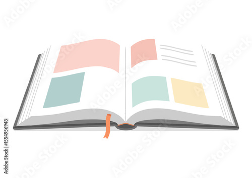 Open textbook with colorful pages on white background, minimalist style, copy space, concept image
