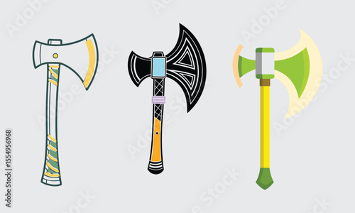 Three colorful cartoon axes with different designs isolated on white background.