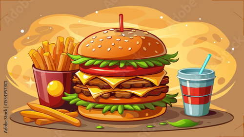 Two juicy beef patties stacked with cheddar cheese, lettuce, tomato, pickles, onions, and ketchup inside a sesame seed bun. The cheese melts perfectly over the patties. A light sheen glows on the burg