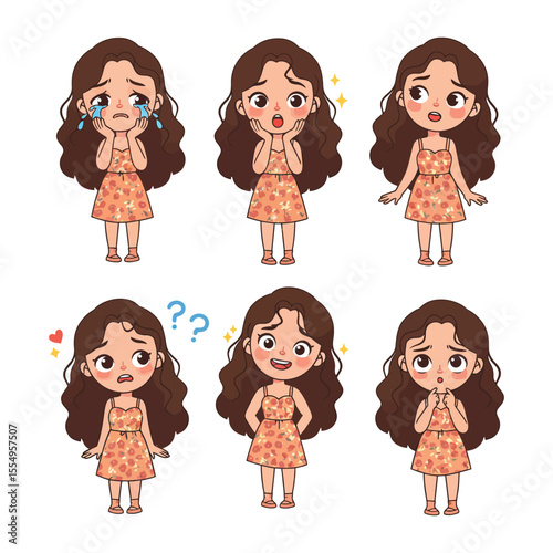 “Cute Flat Vector Cartoon Girl Sticker Set with Brown Hair and Floral Dress Showing Emotions”

