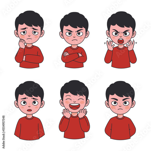 “Flat Vector Cartoon Boy Sticker Pack with Red Shirt and Various Angry and Happy Expressions”

