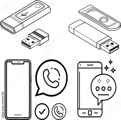 Set of mobile phone icons, technology smartphone communication digital device vector