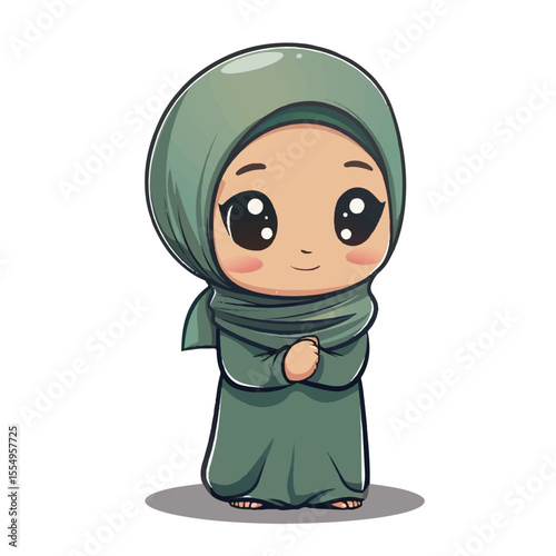 Adorable Cartoon Girl in Sage Green Hijab Hands Clasped
