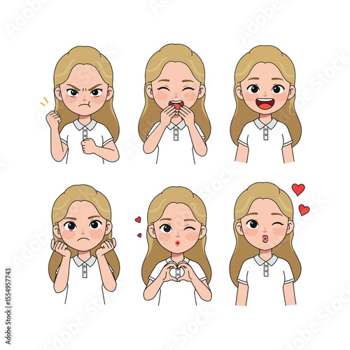 “Cute Flat Vector Cartoon Girl Sticker Pack with Blonde Hair and White Shirt Expressing Emotions”

