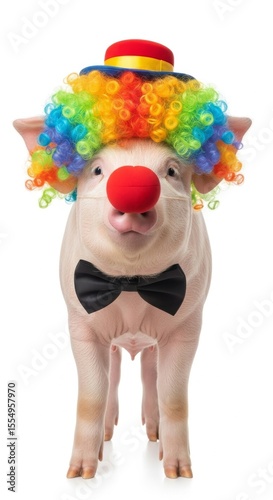 pig dressed as a clown with a colorful wig, red nose, and bow tie. Humorous and surreal animal portrait on white background