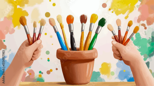 Kids are holding paintbrushes near a terracotta pot on a colorful background, ready to paint and express their creativity