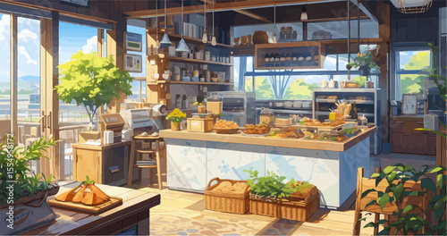 Sun-drenched cafe interior featuring a counter laden with pastries, potted plants, and a view of the outdoors