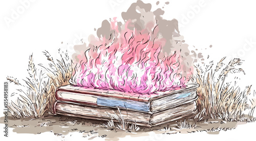 Illustration of burning books in a field, creating pink and grey smoke