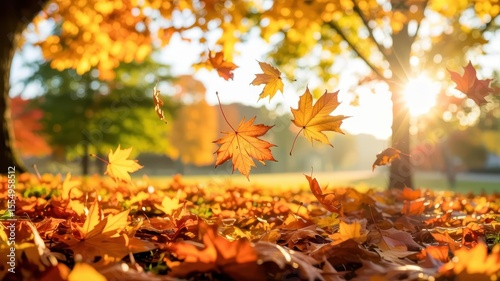 Golden sunlight streams through trees as vibrant autumn leaves fall onto a ground covered in colorful foliage. A beautiful, fleeting fall moment.