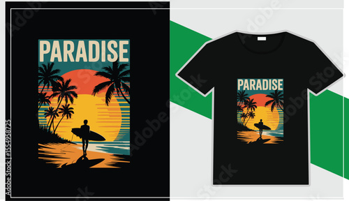 T-shirt design concept vector illustration featuring a summer beach scene with a palm tree, sun, and floral decoration